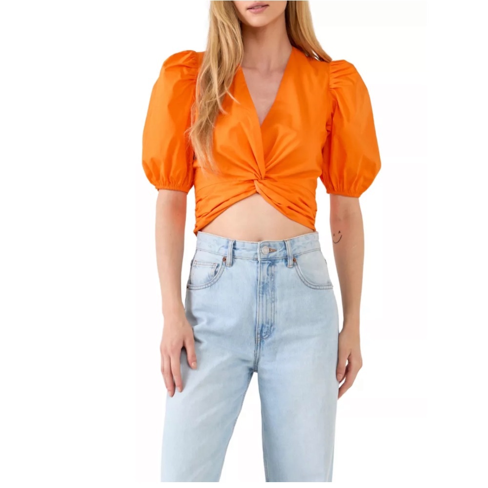 English Factory Bright Orange Puff Sleeve Crop Top